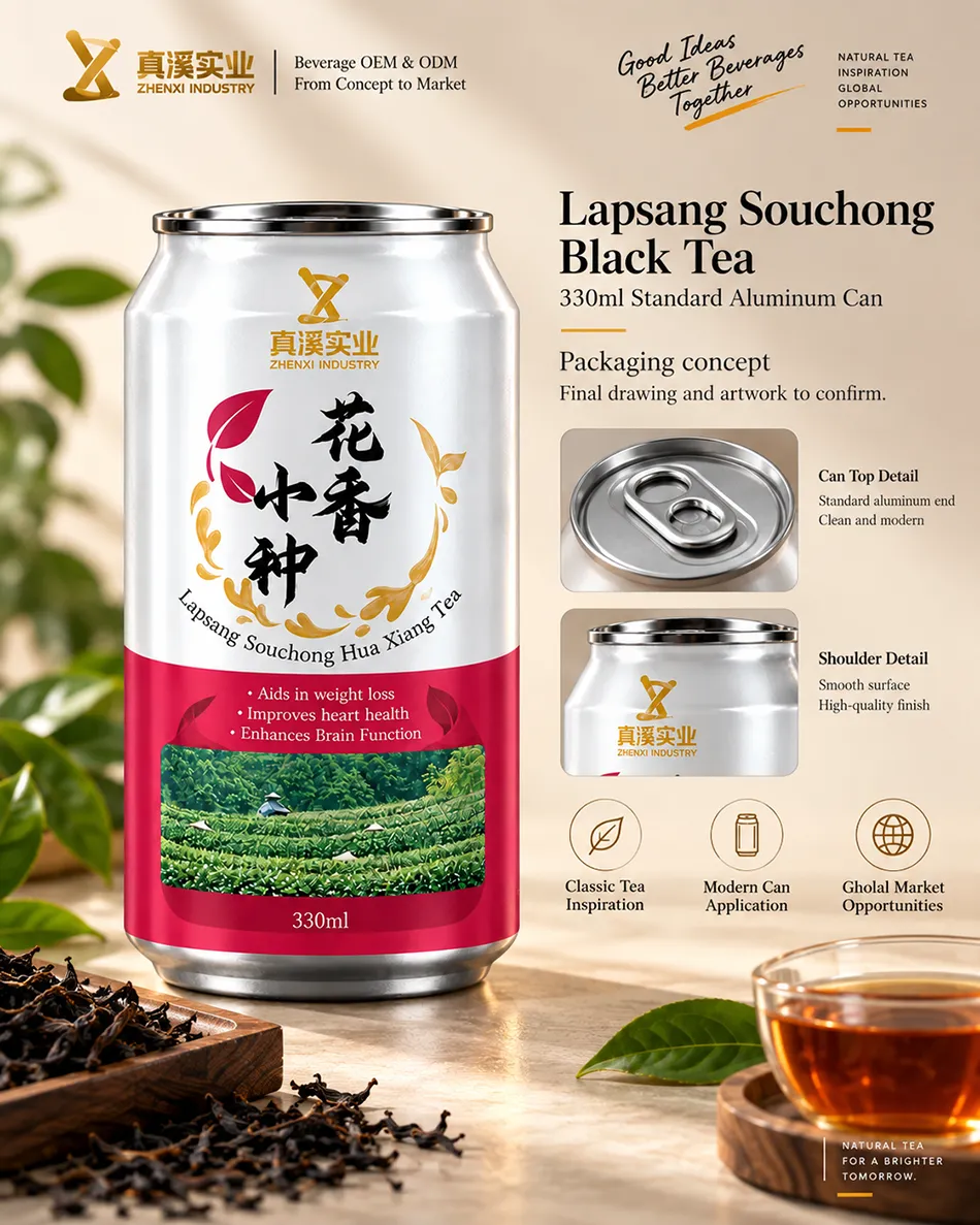 Front packaging concept for a 330ml Lapsang Souchong Black Tea Standard can with shoulder and end detail