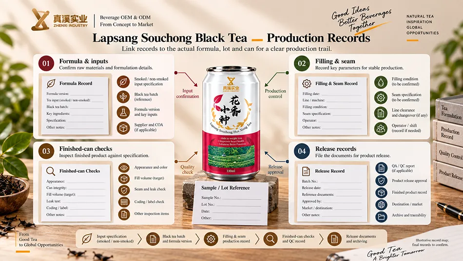Illustrative link between Lapsang Souchong Black Tea input, filling, finished-can and release records