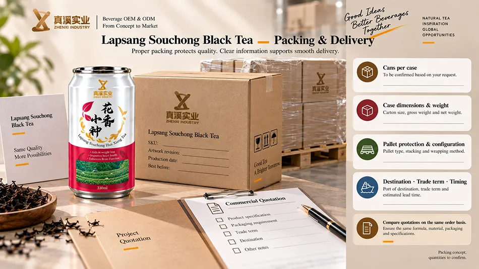 Packing configuration and delivery terms to confirm for 330ml Lapsang Souchong Black Tea cans