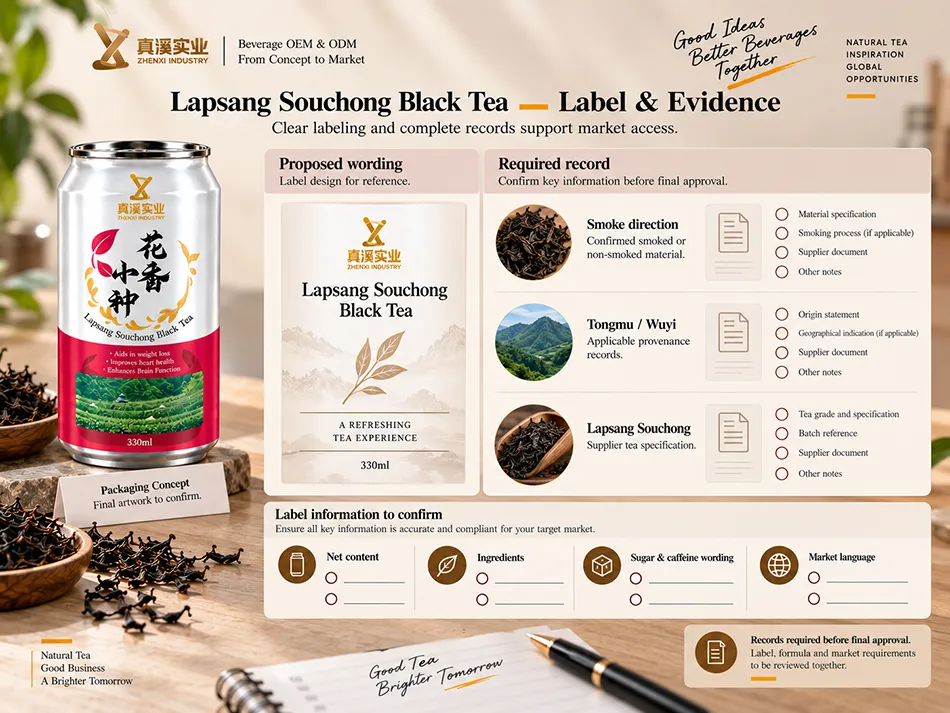 Lapsang Souchong Black Tea label wording mapped to required ingredient and product records