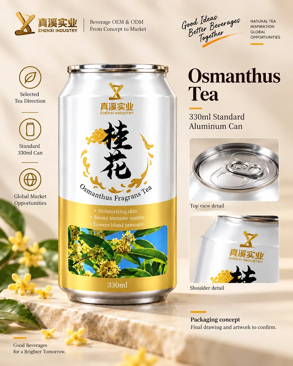 Front packaging concept for a 330ml Osmanthus Tea Standard can with shoulder and end detail