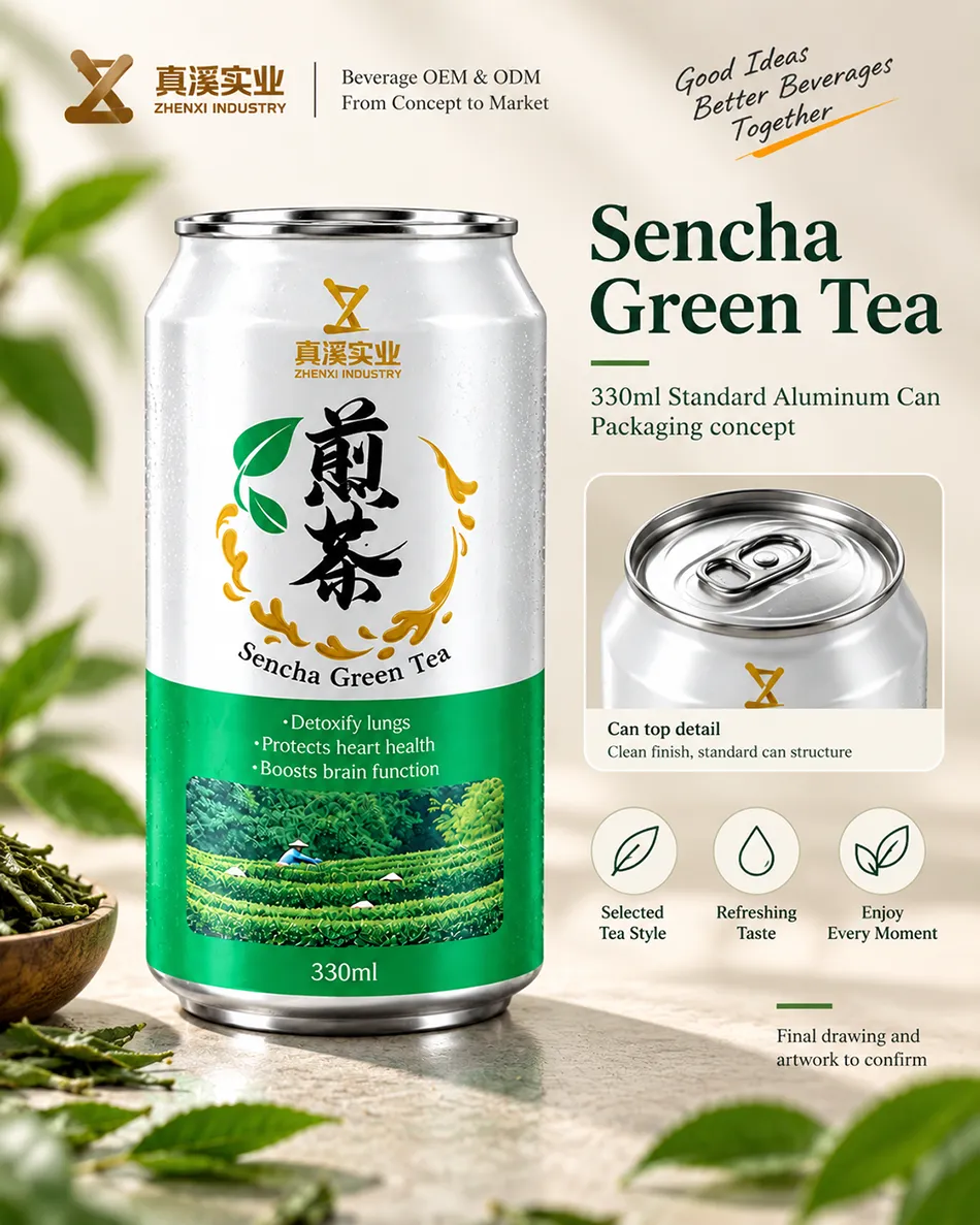 Front packaging concept for a 330ml Sencha Green Tea Standard can with a can-end detail