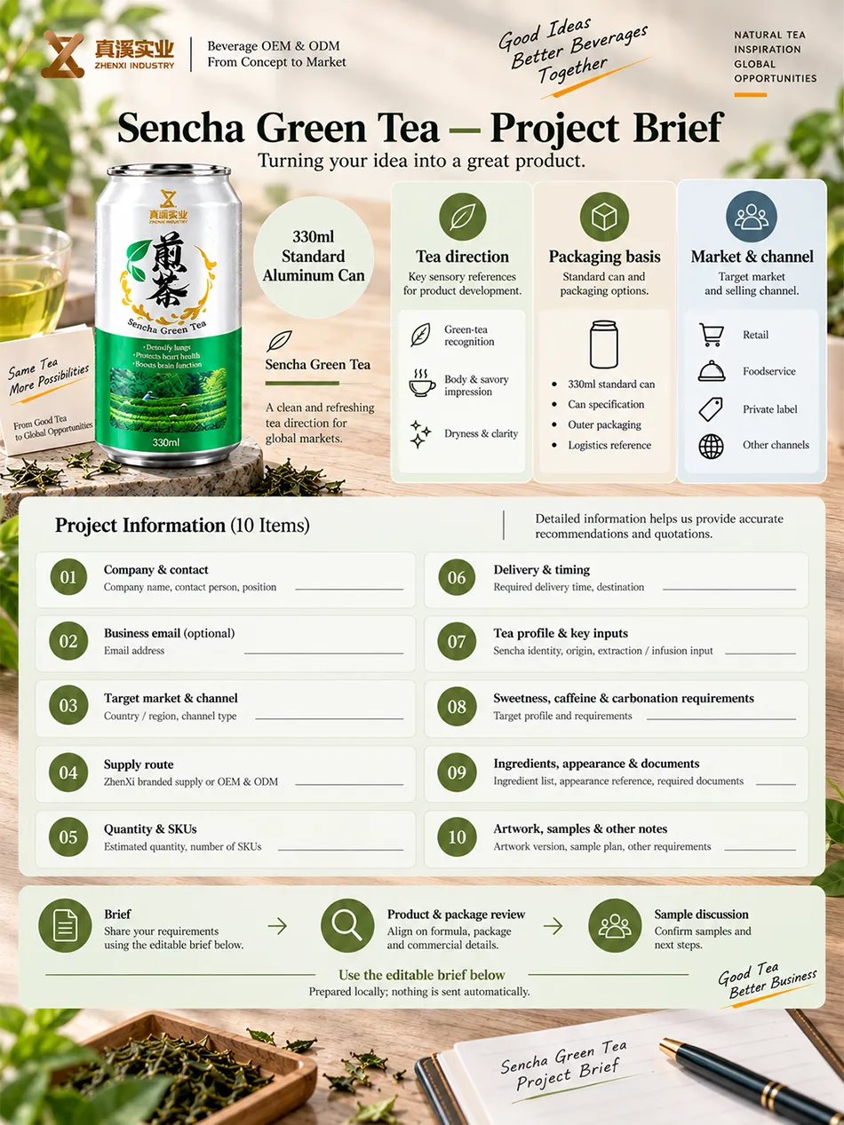 Ten project-brief fields for Sencha Green Tea in a 330ml Standard can