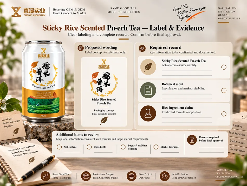 Sticky Rice Scented Pu-erh Tea label wording mapped to required ingredient and product records