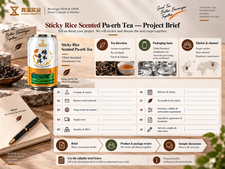 Ten project-brief fields for Sticky Rice Scented Pu-erh Tea in a 330ml Standard can