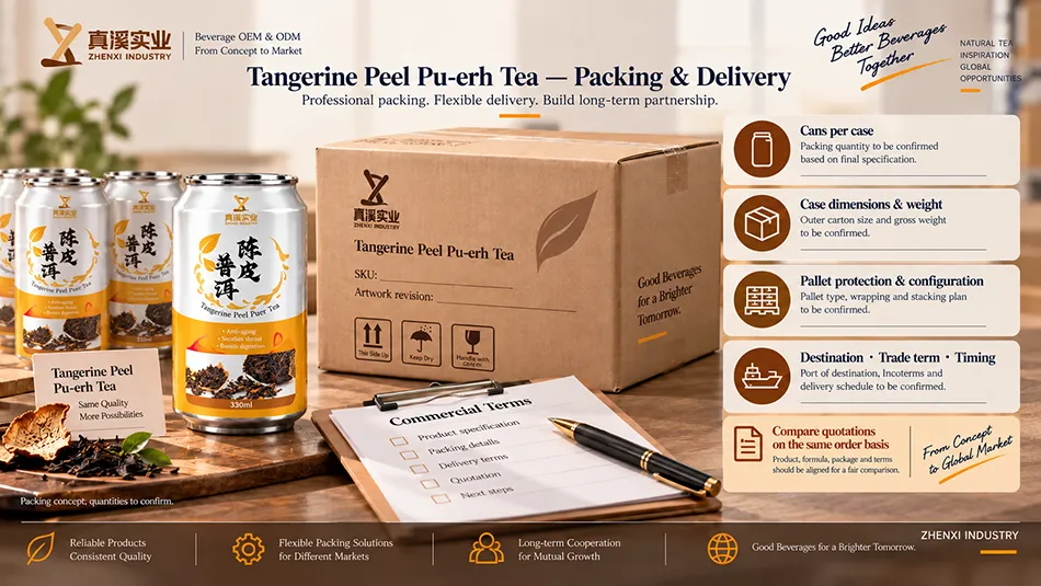 Packing configuration and delivery terms to confirm for 330ml Tangerine Peel Pu-erh Tea cans