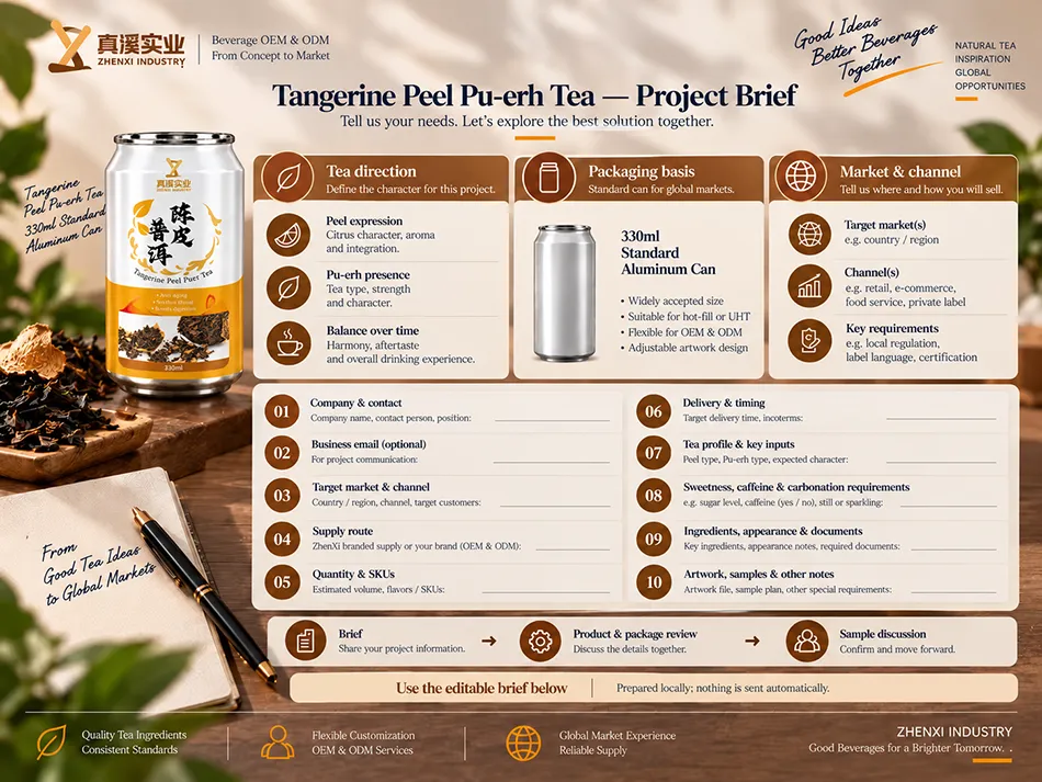 Ten project-brief fields for Tangerine Peel Pu-erh Tea in a 330ml Standard can