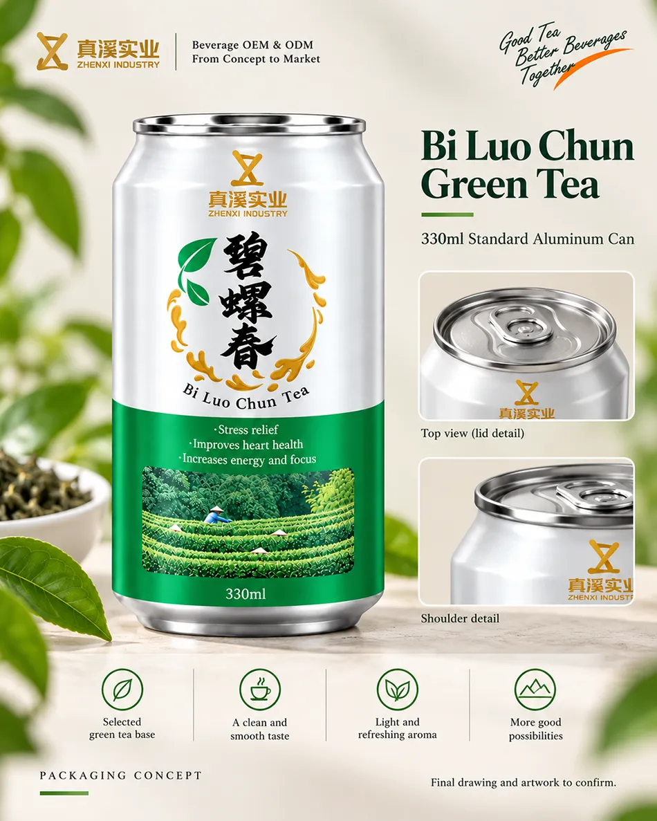 Front packaging concept for a 330ml Bi Luo Chun Green Tea Standard can with shoulder and end detail