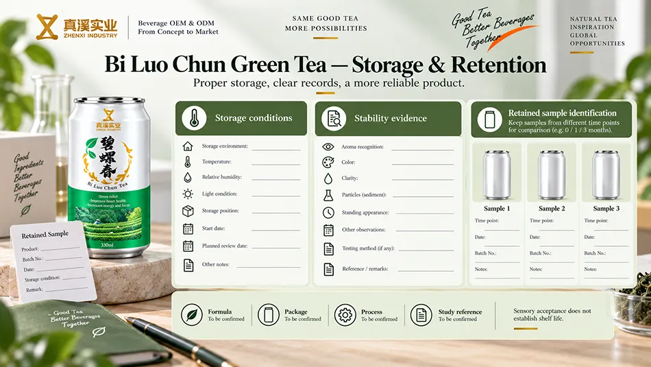Storage, stability evidence and retained-sample records to review for Bi Luo Chun Green Tea