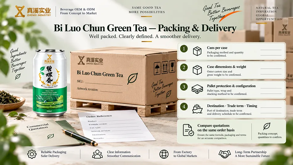 Packing configuration and delivery terms to confirm for 330ml Bi Luo Chun Green Tea cans