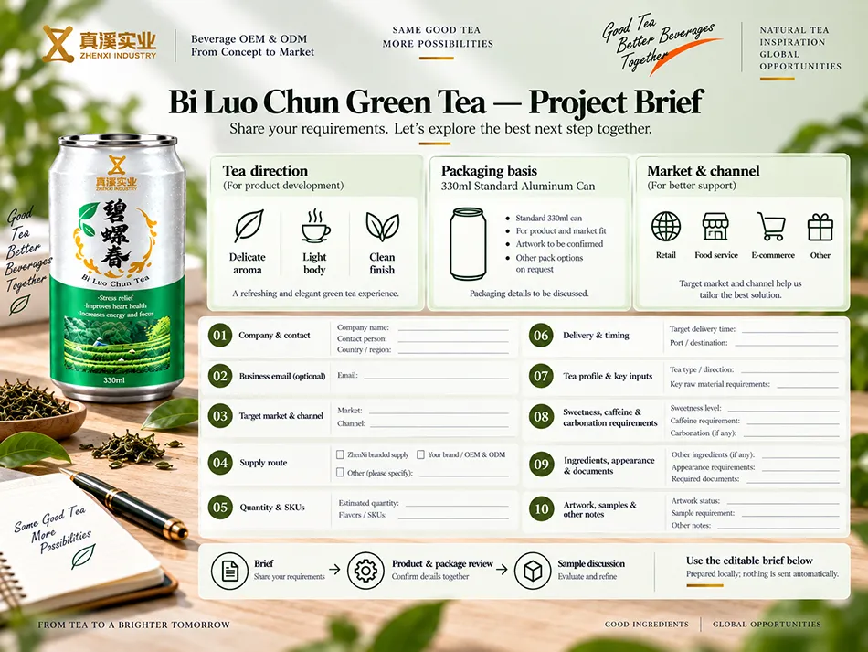 Ten project-brief fields for Bi Luo Chun Green Tea in a 330ml Standard can