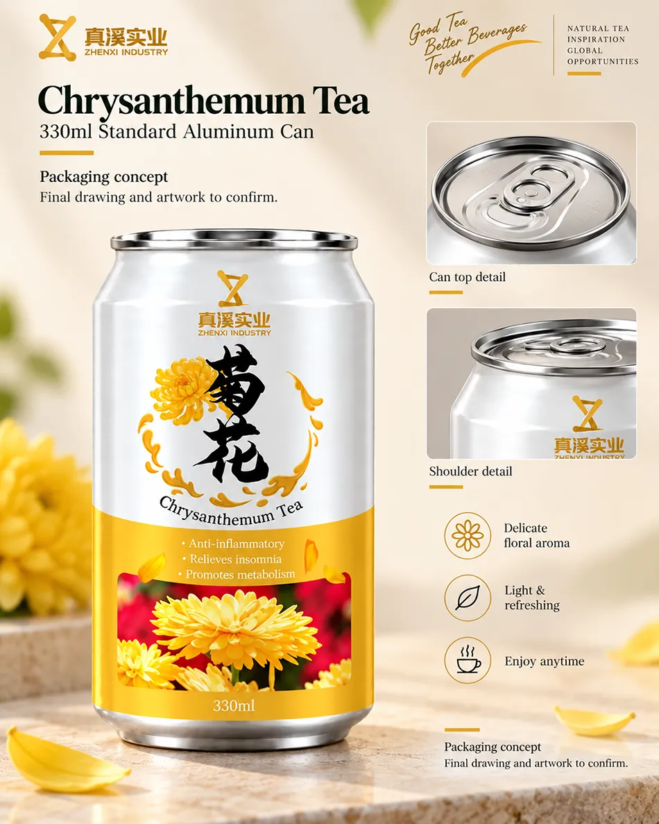 Front packaging concept for a 330ml Chrysanthemum Tea Standard can with shoulder and end detail