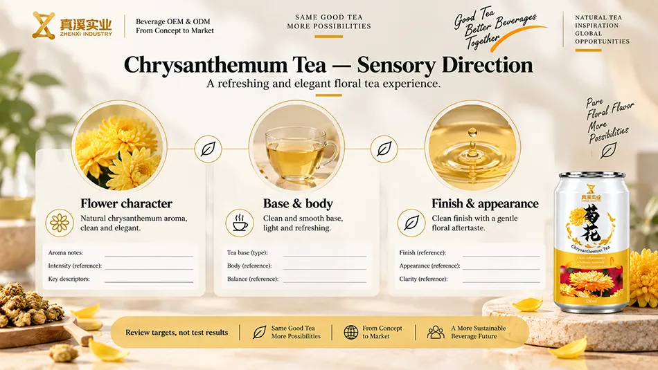 Chrysanthemum Tea sensory review covering flower character, base & body, finish & appearance