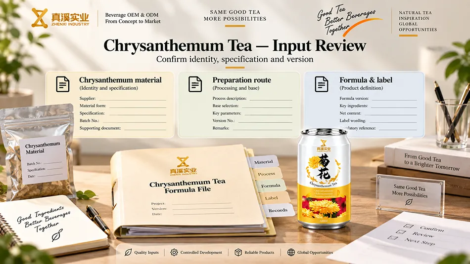 Input review for Chrysanthemum Tea: chrysanthemum material, preparation route, formula & label