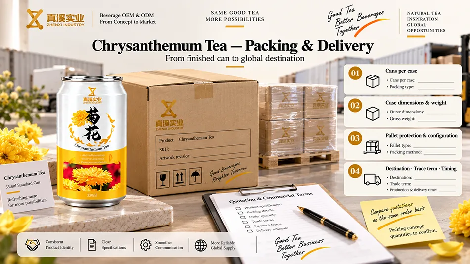 Packing configuration and delivery terms to confirm for 330ml Chrysanthemum Tea cans