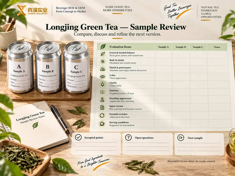 Blank Longjing Green Tea sample comparison sheet with product-specific sensory and appearance fields
