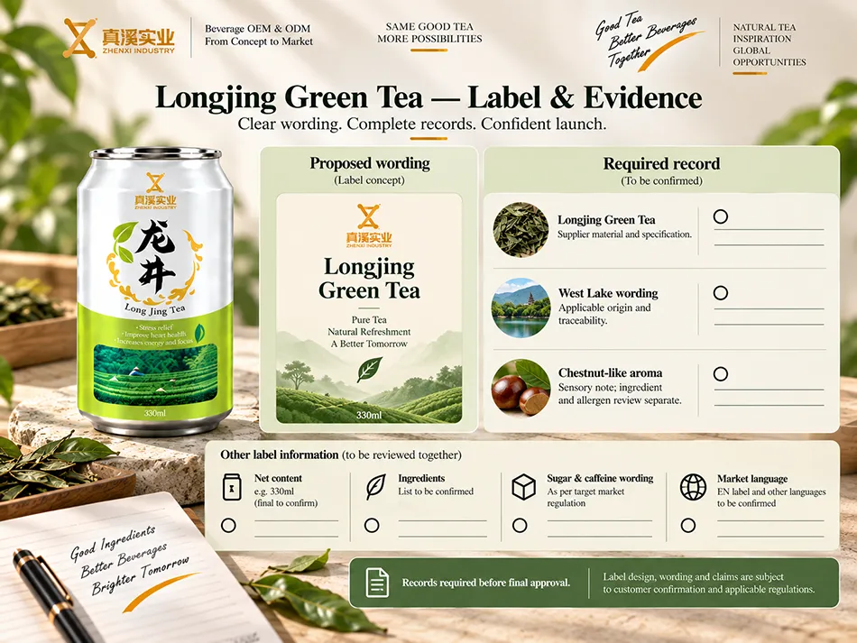Longjing Green Tea label wording mapped to required ingredient and product records