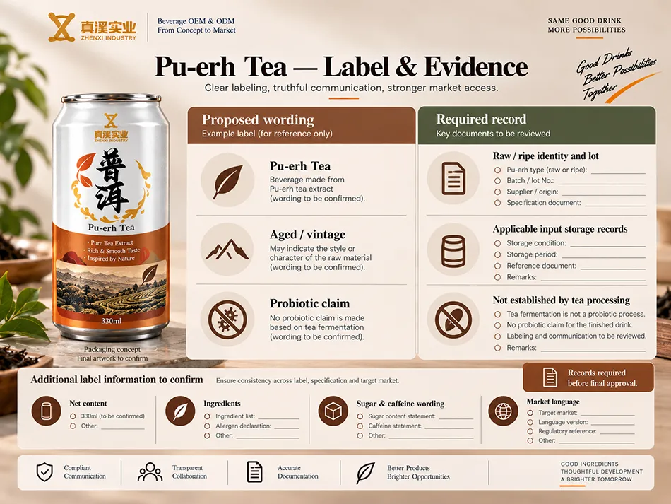 Pu-erh Tea label wording mapped to required ingredient and product records