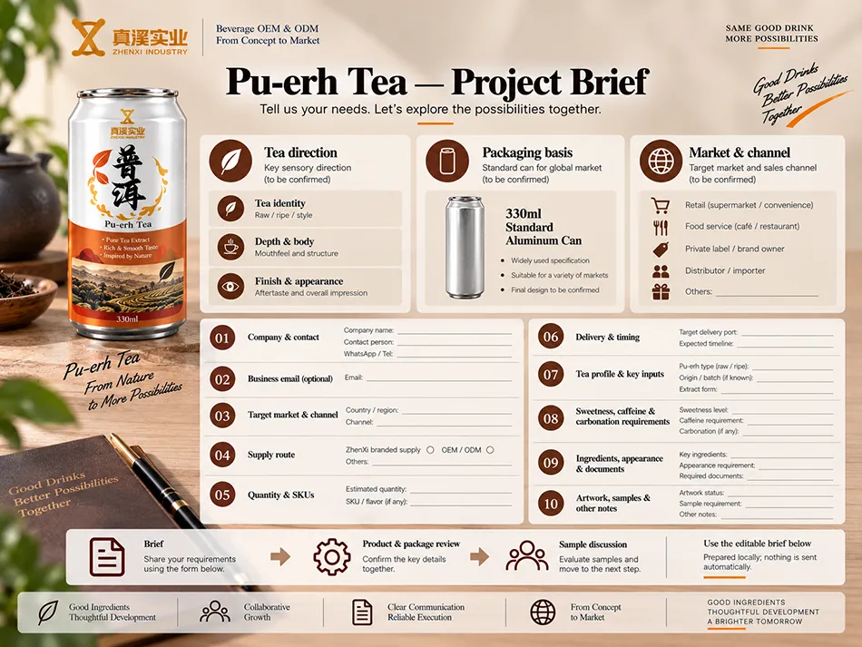 Ten project-brief fields for Pu-erh Tea in a 330ml Standard can