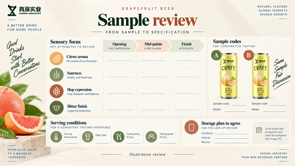 Grapefruit beer sample worksheet for citrus aroma, sourness, hop expression, bitter finish and storage planning.