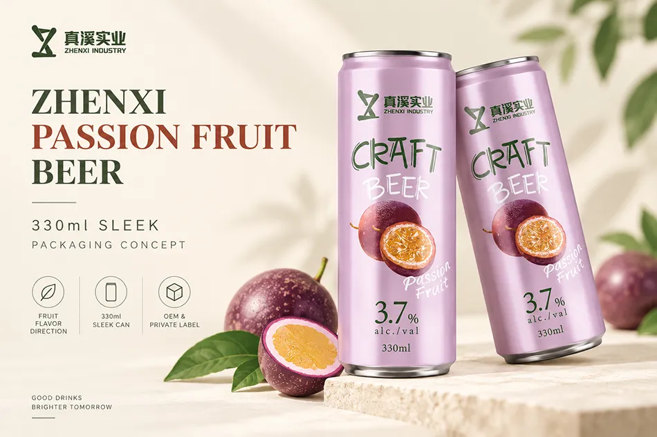 Two pink passion fruit beer concept cans with 330ml Sleek labels beside whole and cut passion fruit.
