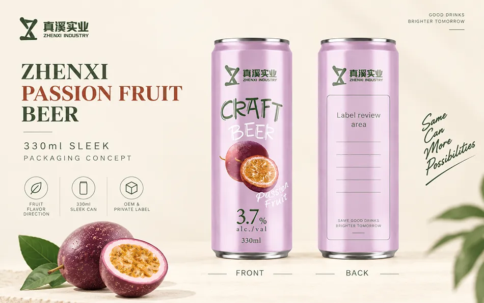Front and back views of a pink 330ml Sleek passion fruit beer concept can with a label review area.