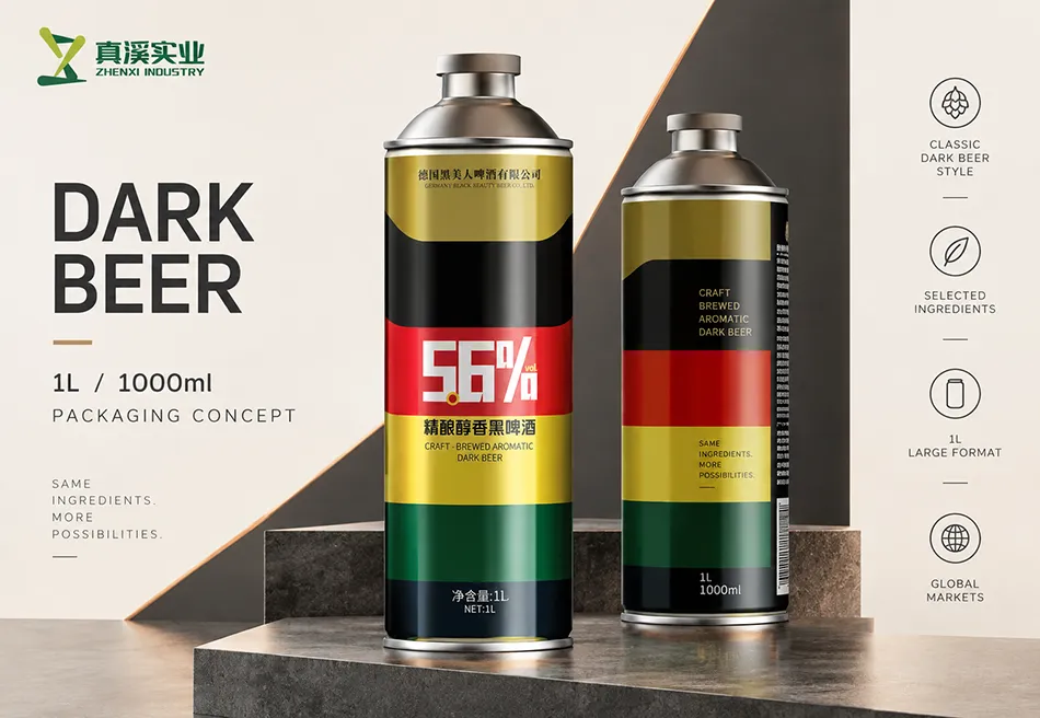 Dark beer packaging concept in 1L tinplate cans with 38 mm openings.