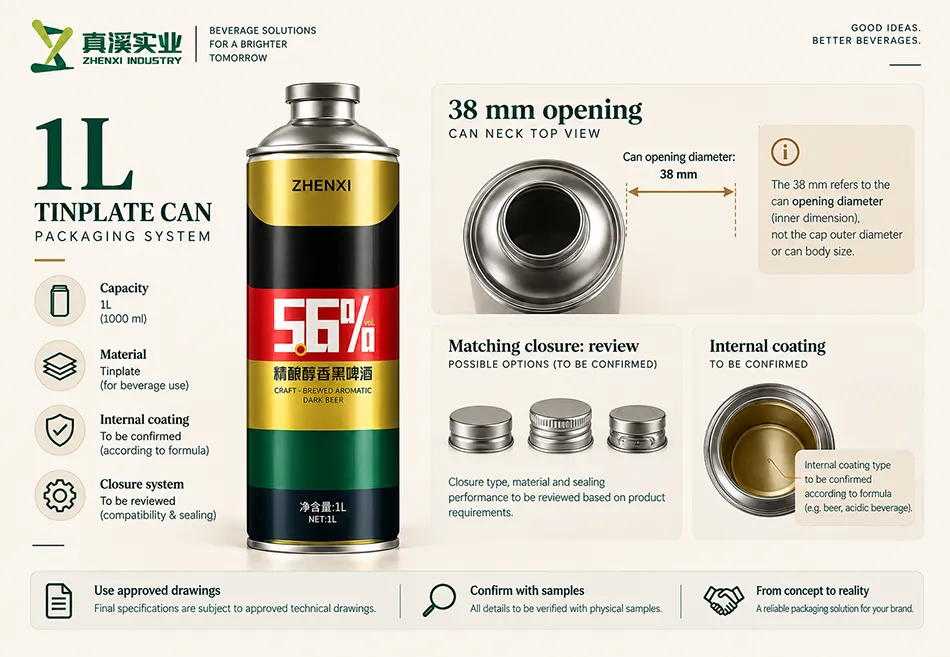 1L tinplate can system illustrating the 38 mm can opening diameter, closure options and internal coating review.