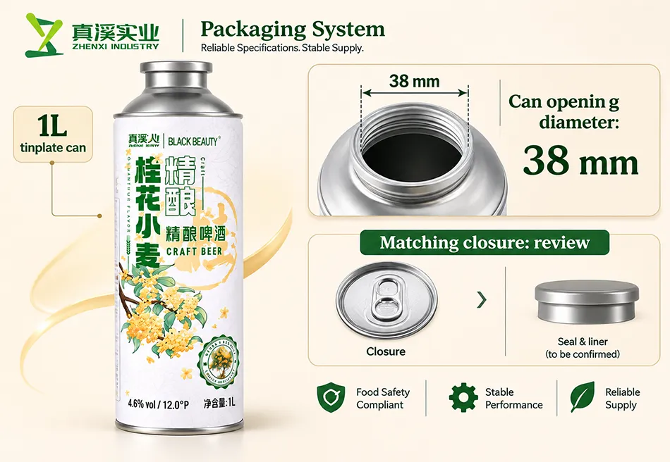 1L tinplate can system illustrating the 38 mm can opening diameter and closure review.