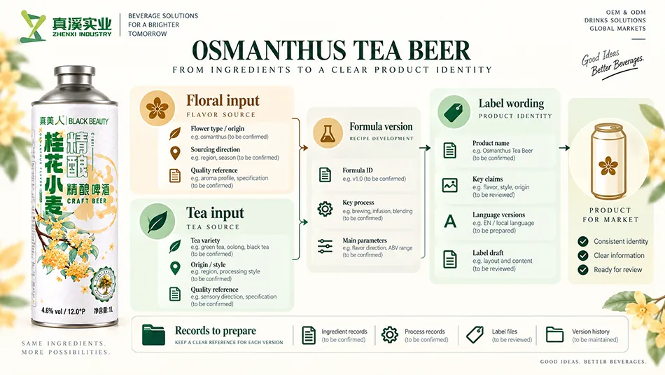 Osmanthus tea beer input and label review separating floral input, tea input, formula version and label wording.
