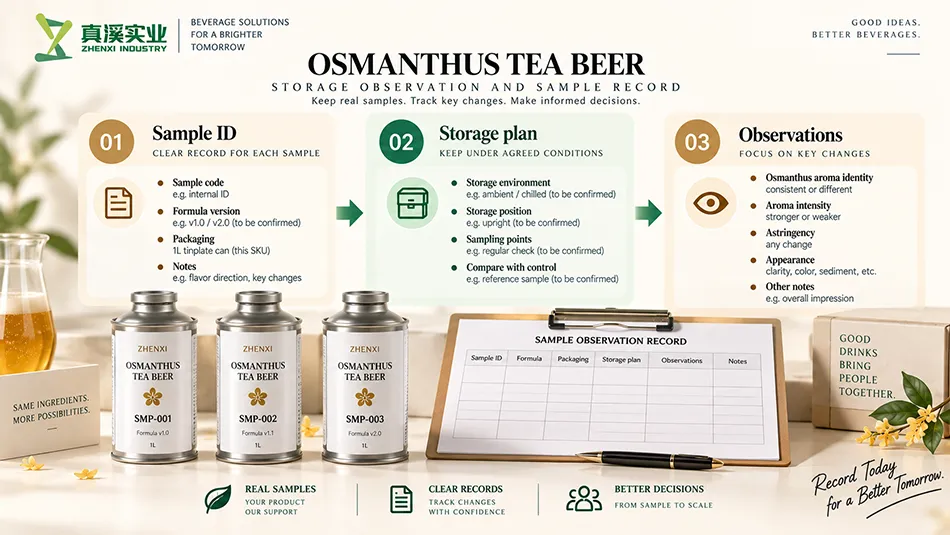 Illustrated osmanthus tea beer sample identification, storage plan and observation records.