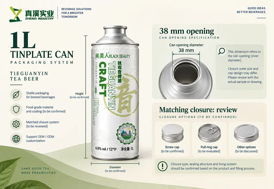 1L tinplate can system illustrating the 38 mm can opening diameter and matching closure review.