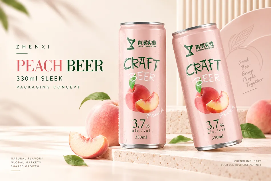 Two pink peach beer concept cans with 330ml Sleek labels beside whole peaches, peach slices and leaves.