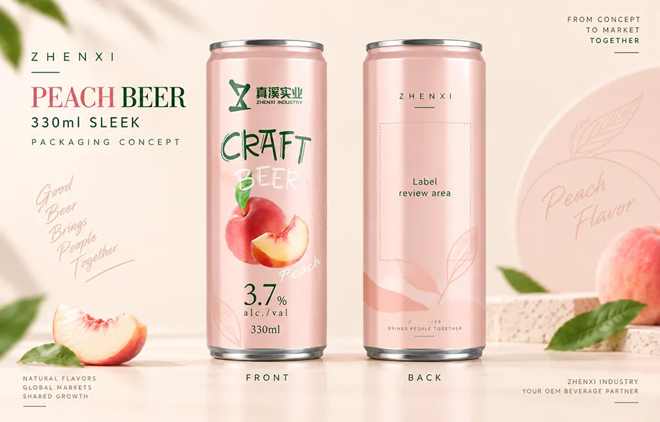 Front and back views of a pink 330ml Sleek peach beer concept can with a label review area.