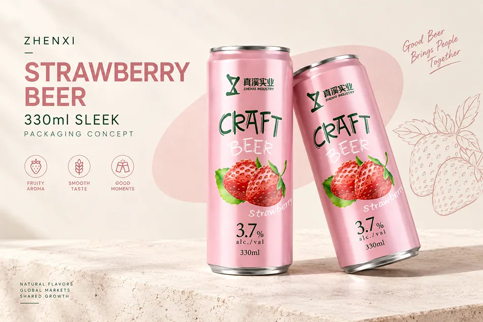 Two pink 330ml Sleek strawberry beer concept cans with berry artwork on a pale stone platform.