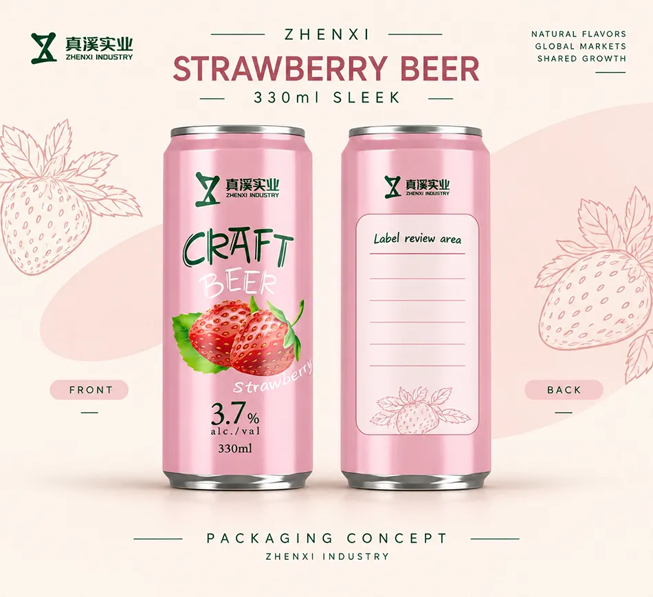 Front and back views of a pink 330ml Sleek strawberry beer concept can with a label review area.