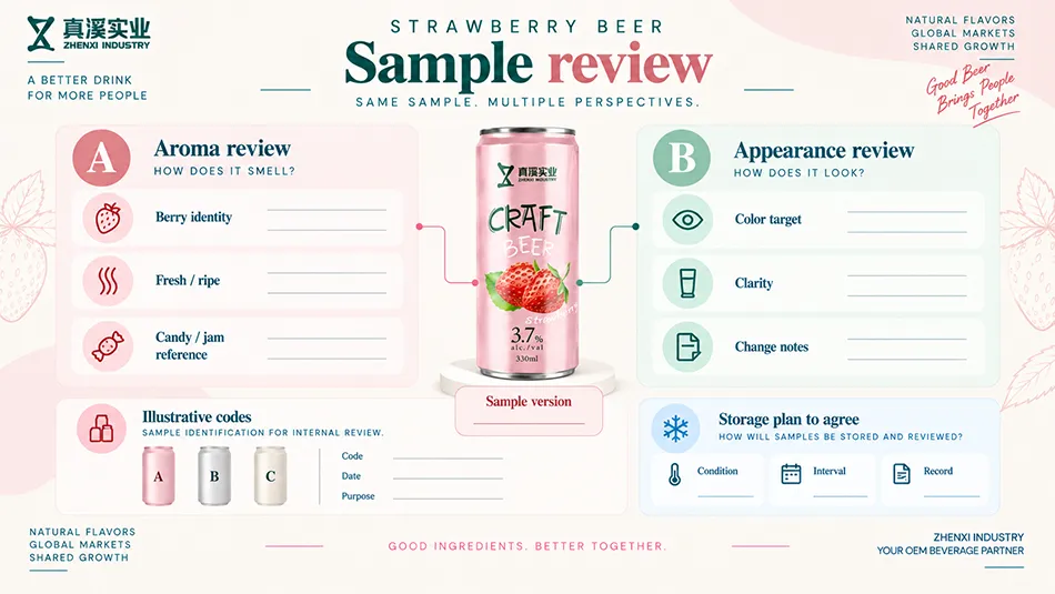 Strawberry beer sample review for berry identity, fresh or ripe notes, candy or jam references, color, clarity and storage.