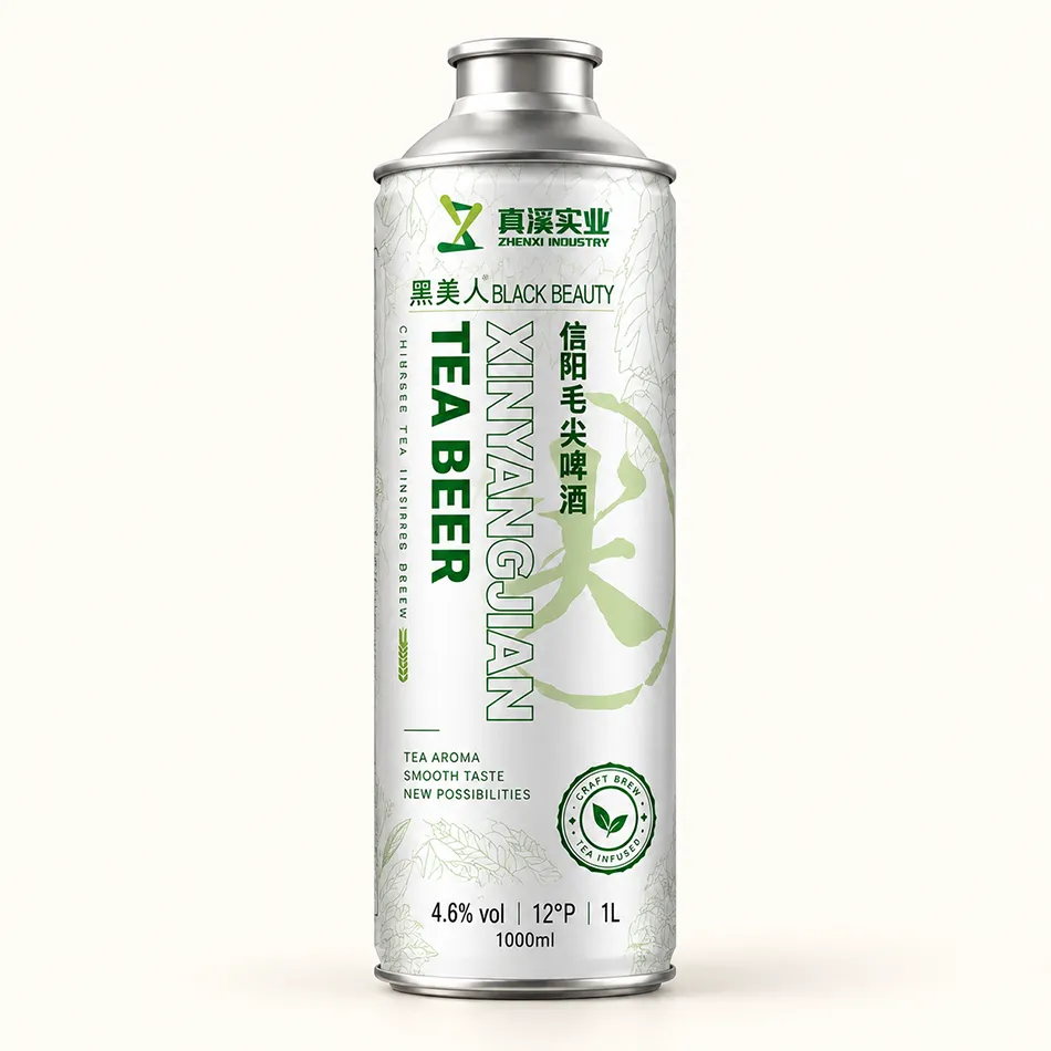 Front-view packshot reference for a 1000ml Xinyang Maojian tea beer tinplate can.