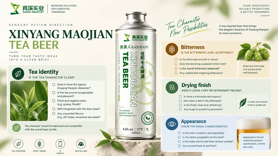 Xinyang Maojian tea beer sensory guide covering tea identity, bitterness, drying finish and appearance.