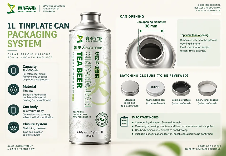1L tinplate can system illustrating the 38 mm can opening diameter and matching closure review.