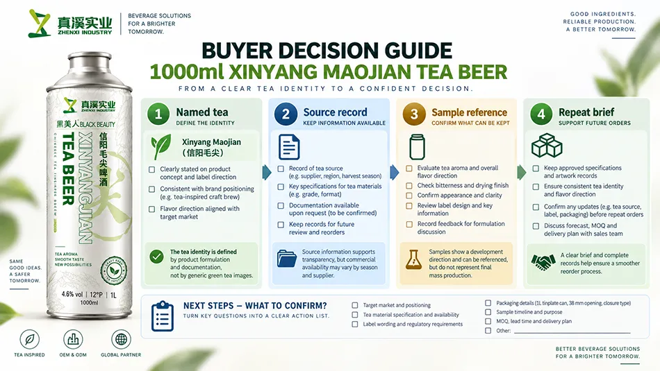 Xinyang Maojian tea beer buyer guide for named-tea identity, source records, sample references and repeat-order requirements.