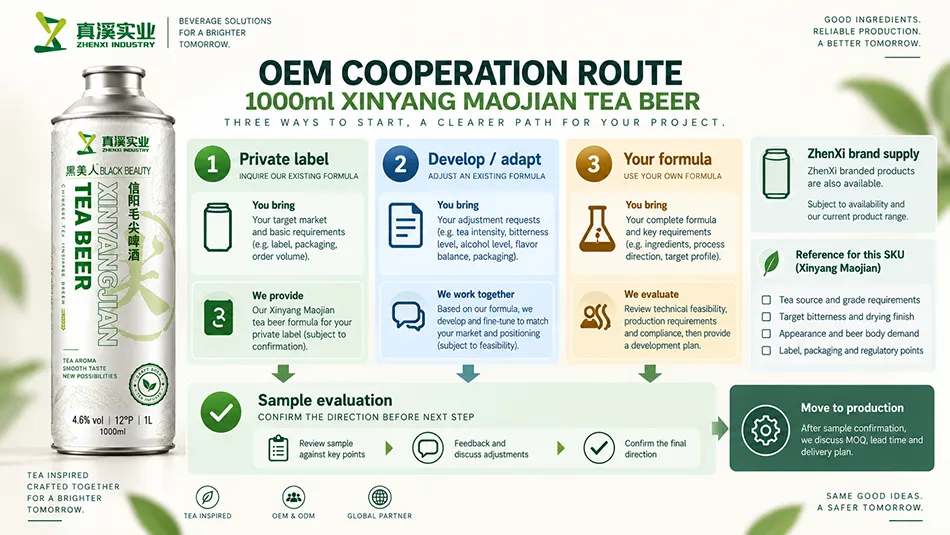 Xinyang Maojian tea beer OEM routes for private label, recipe development, buyer formula and branded supply.