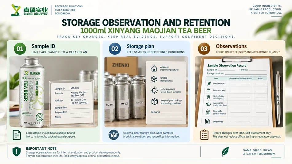 Illustrated Xinyang Maojian tea beer sample identification, storage plan and sensory observation records.