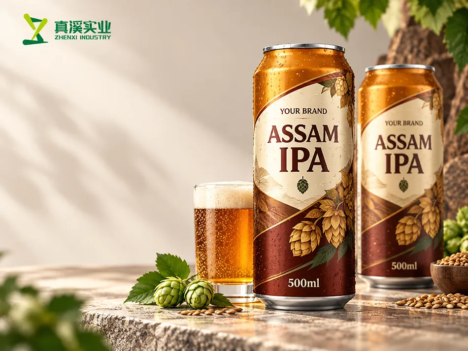 500ml assam ipa beer packaging concept with aluminum cans and an illustrative beer pour