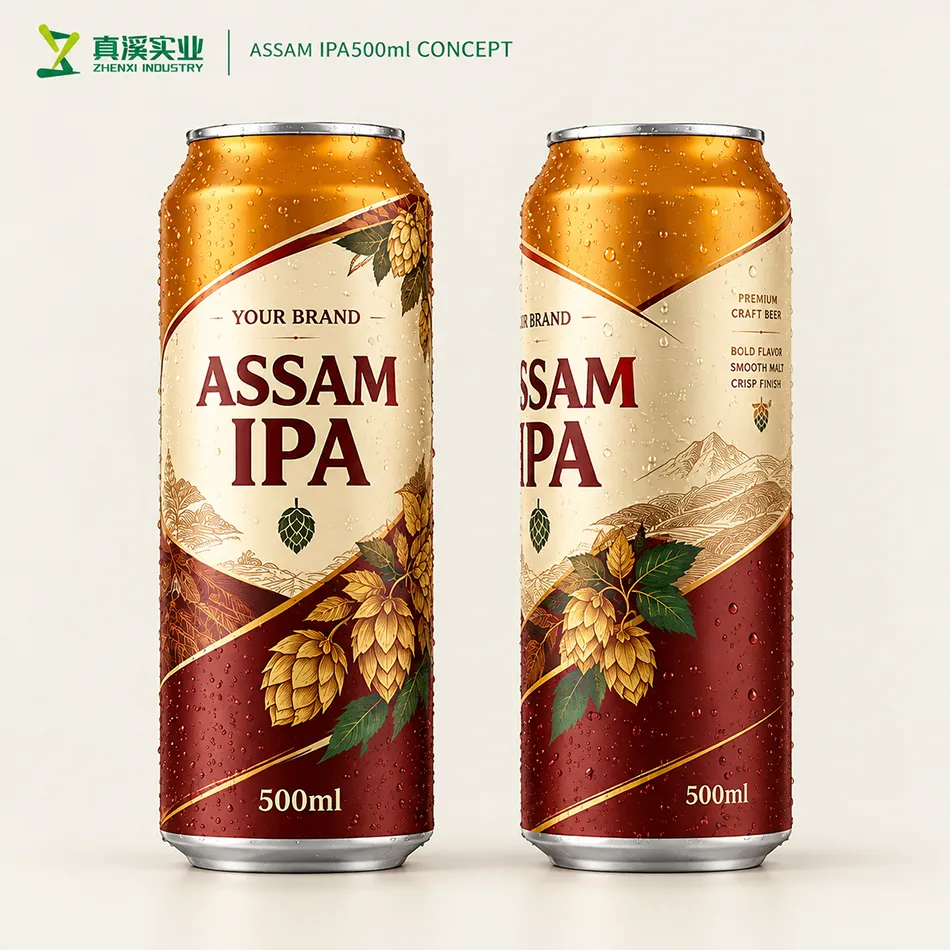 500ml assam ipa beer can concept shown in front and three-quarter views