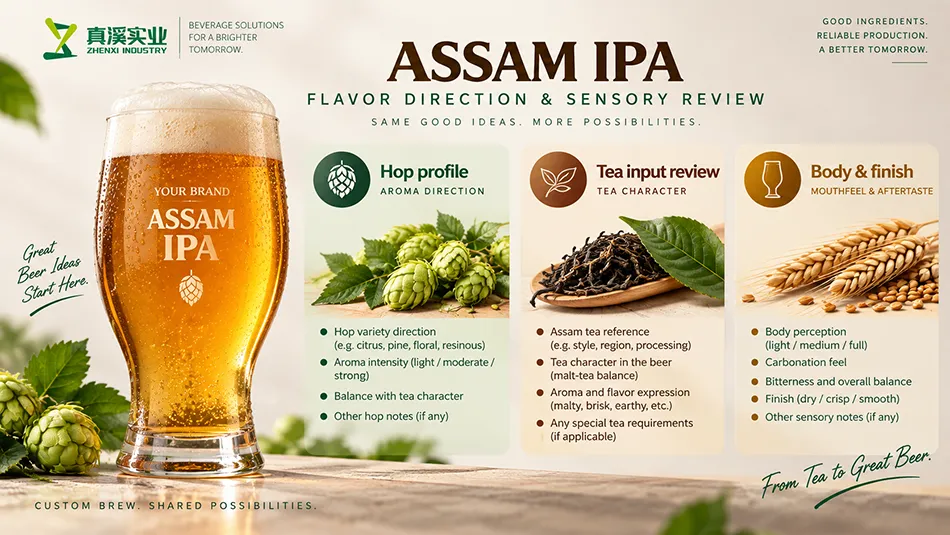 Assam IPA Beer sensory-review concept covering hop profile, tea input review, body & finish