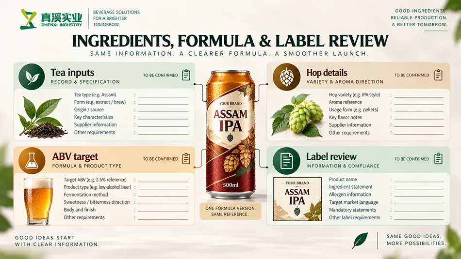 Assam IPA Beer ingredient and label review concept with separate product-record fields