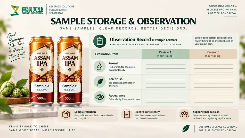 Assam IPA Beer retained-sample review concept with unfilled storage-observation records