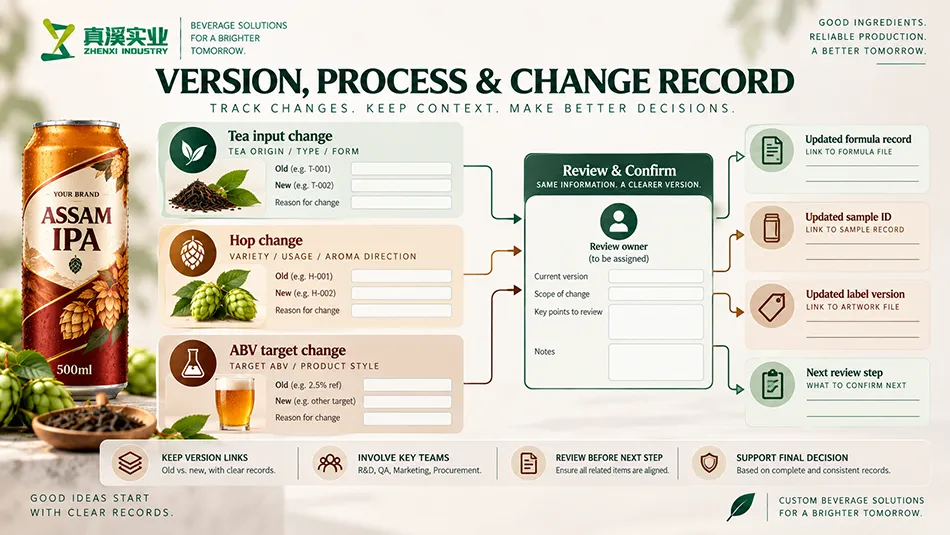 Assam IPA Beer change-review diagram linking formula, process and current product records