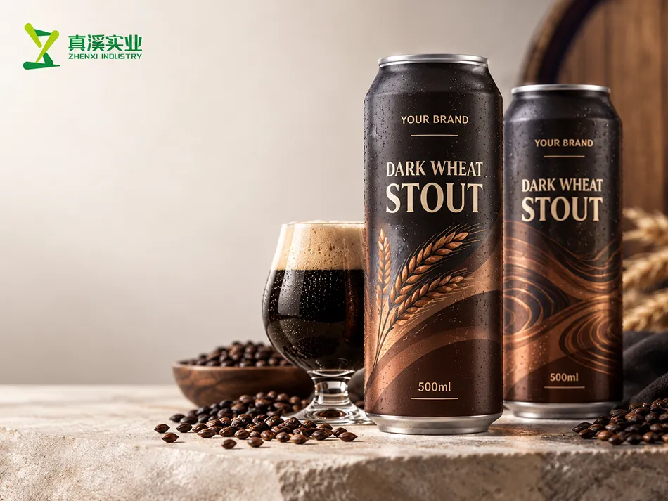 500ml dark wheat stout beer packaging concept with two brown aluminum cans and an illustrated dark beer serving